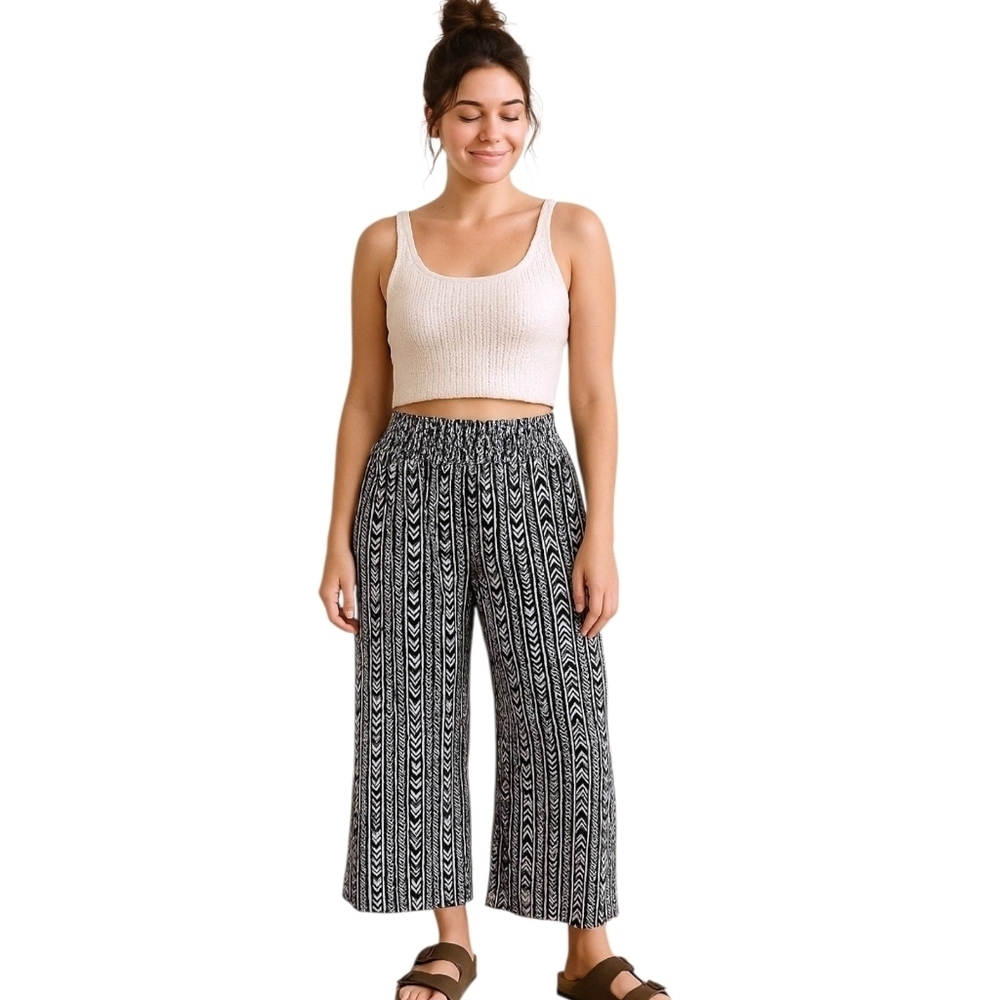 VTG Y2K Aztec Palazzo Pants L Rayon Wide Leg Boho Festival Lagenlook Smocked